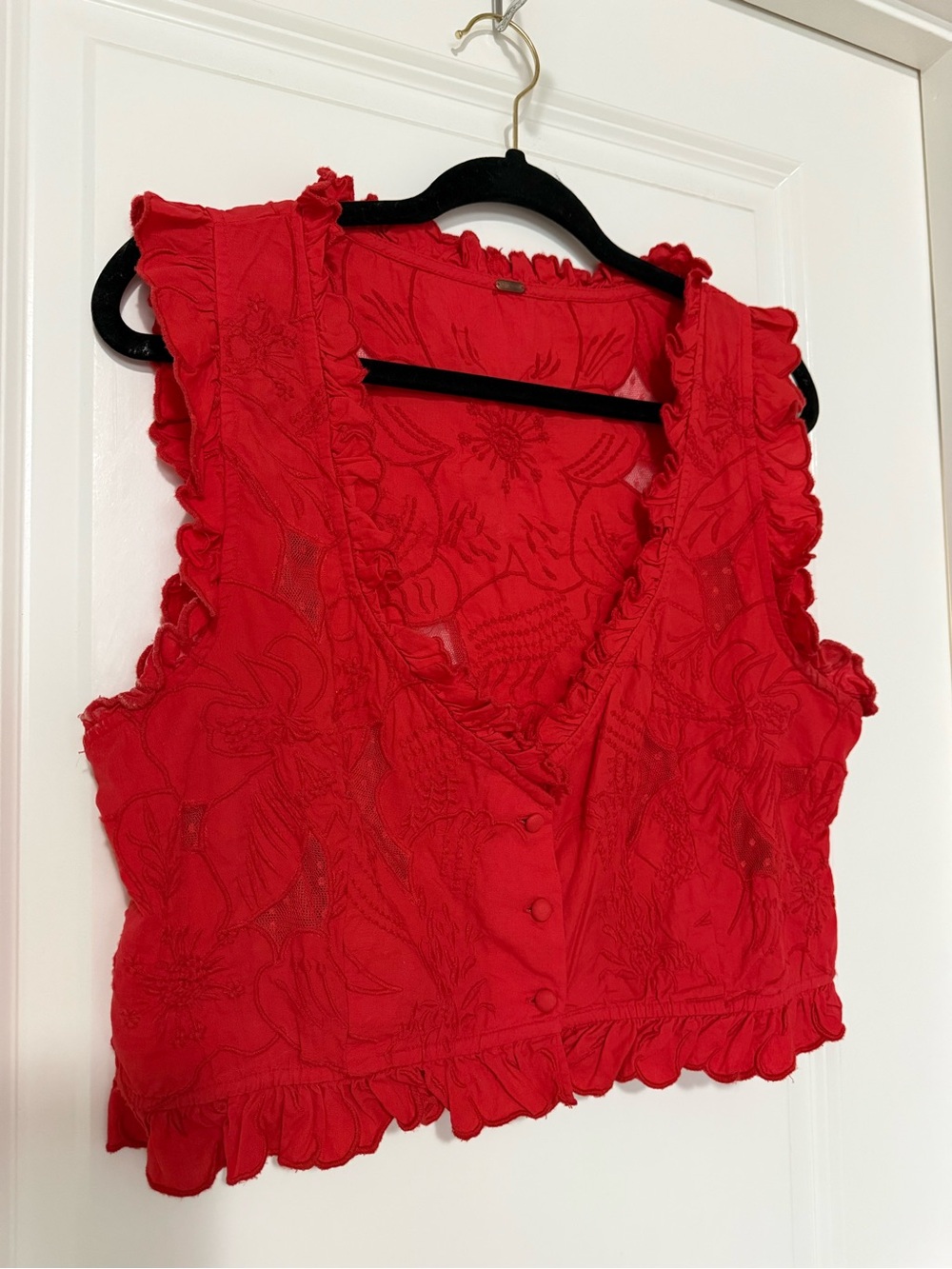 Free People Red Embroidered Ruffle Vest - Picture 2 of 4